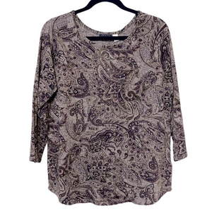 L Basic Editions Paisley Top 3/4‎ Length Sleeves Scoop Curved Hem Shirt Blouse